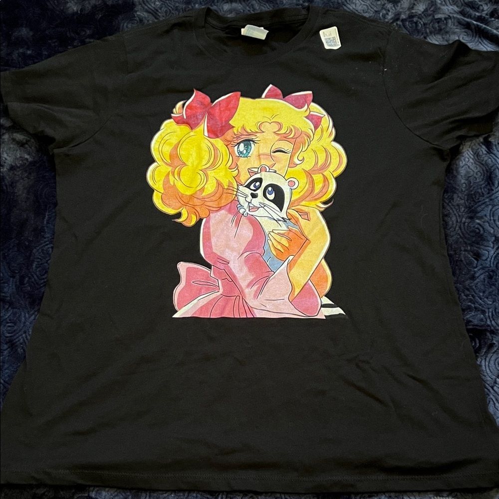 Anime Candy Cane and Raccoon Black T-Shirt (Ladies XL)